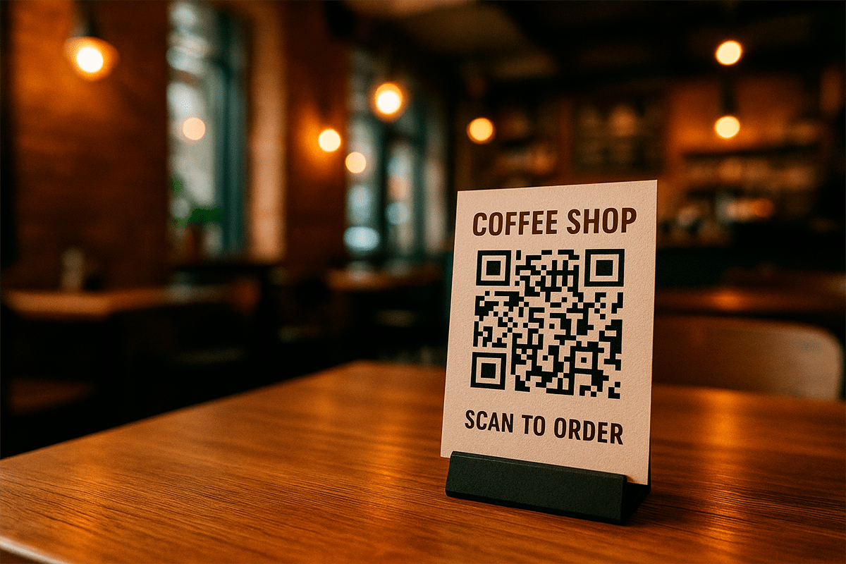 Gebrandeter QR auf einem Tischhalter im Café mit CTA-Text