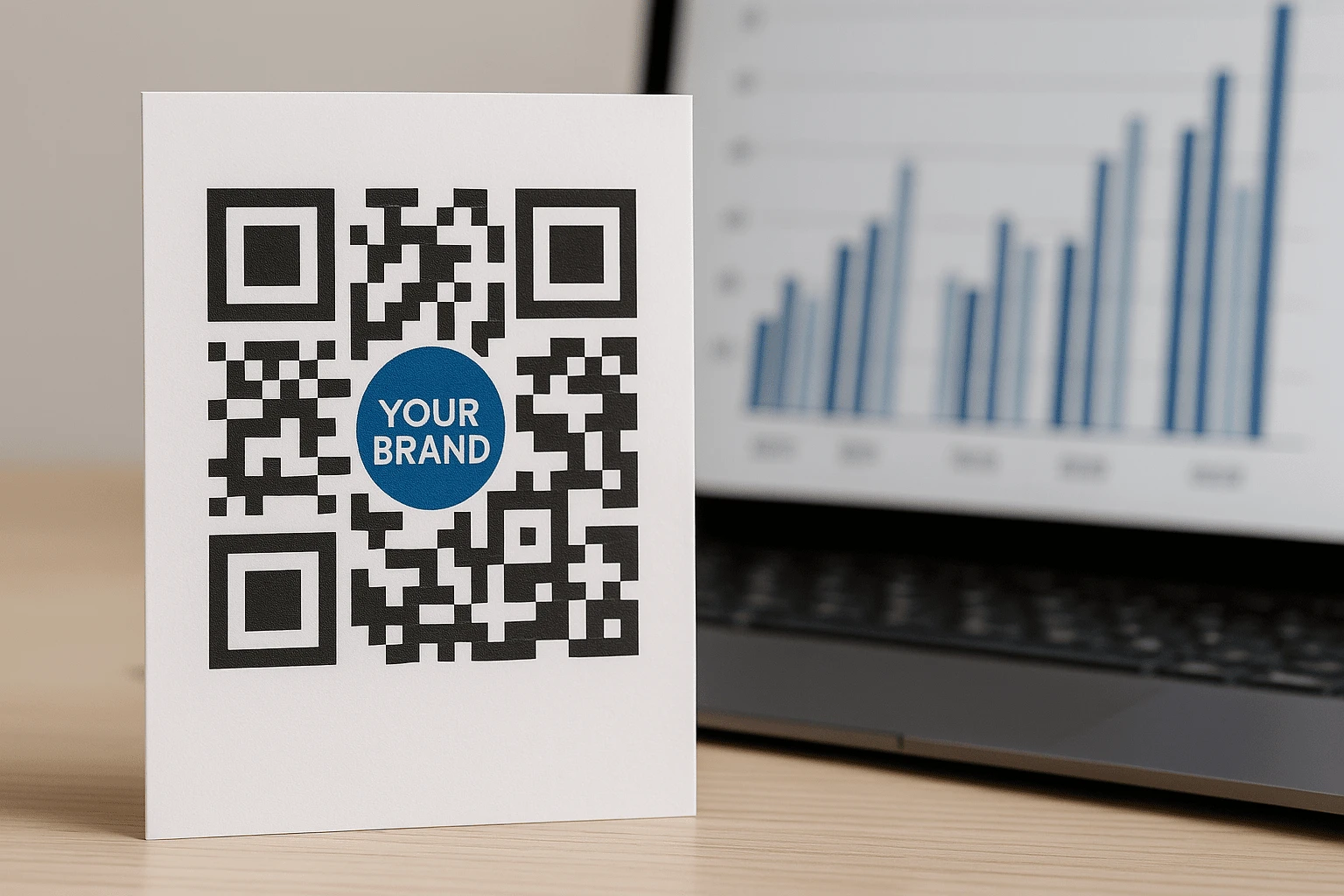 Ein gebrandeter QR-Code mit Logo in der Mitte, Unternehmensfarben und einem Rahmen mit Text – als Teil des visuellen Markenstils