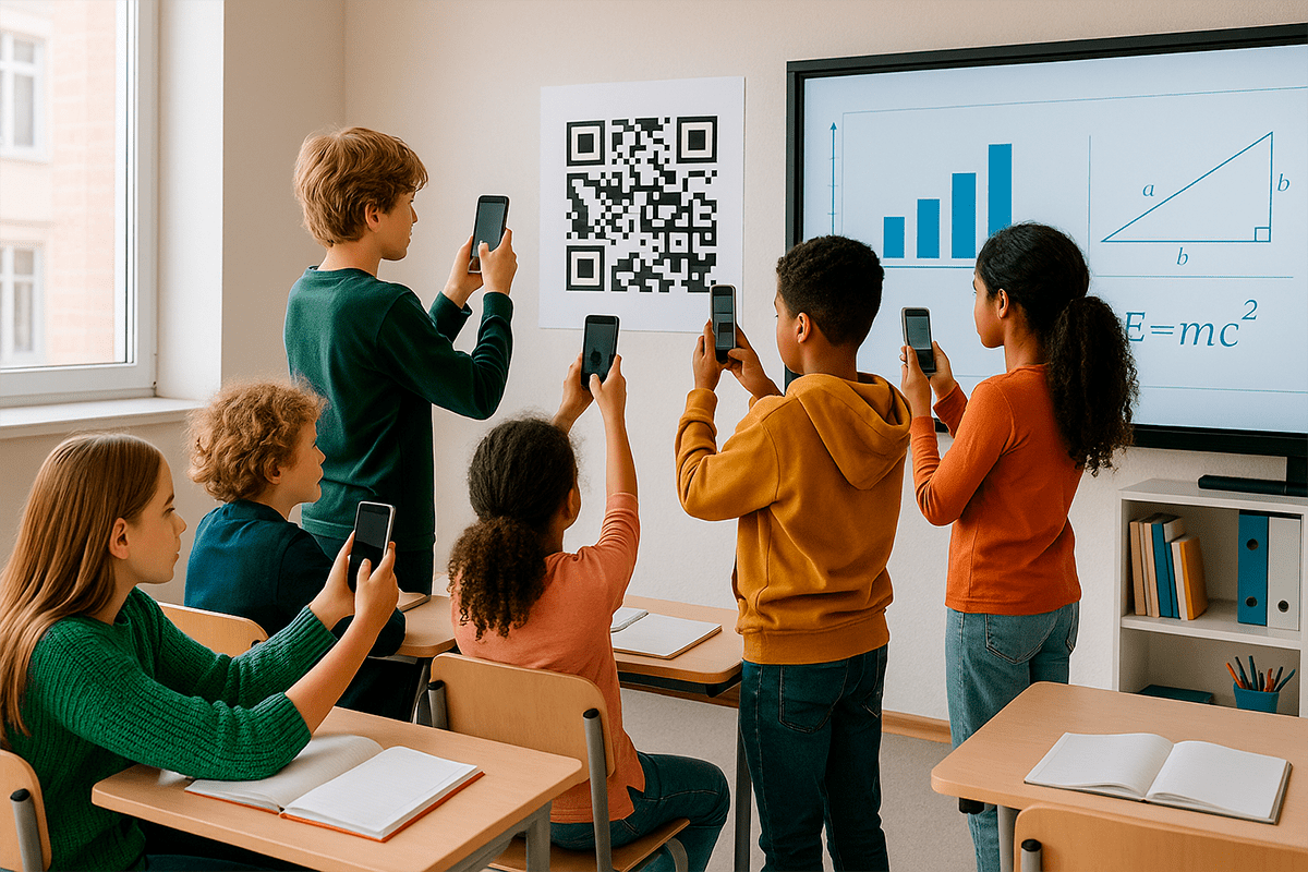 Des élèves scannent des QR codes dans une classe moderne – intégration des technologies numériques dans l'éducation