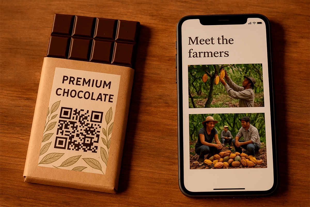 QR-Code auf einer Schokoladenverpackung, der zur Farm-Info führt