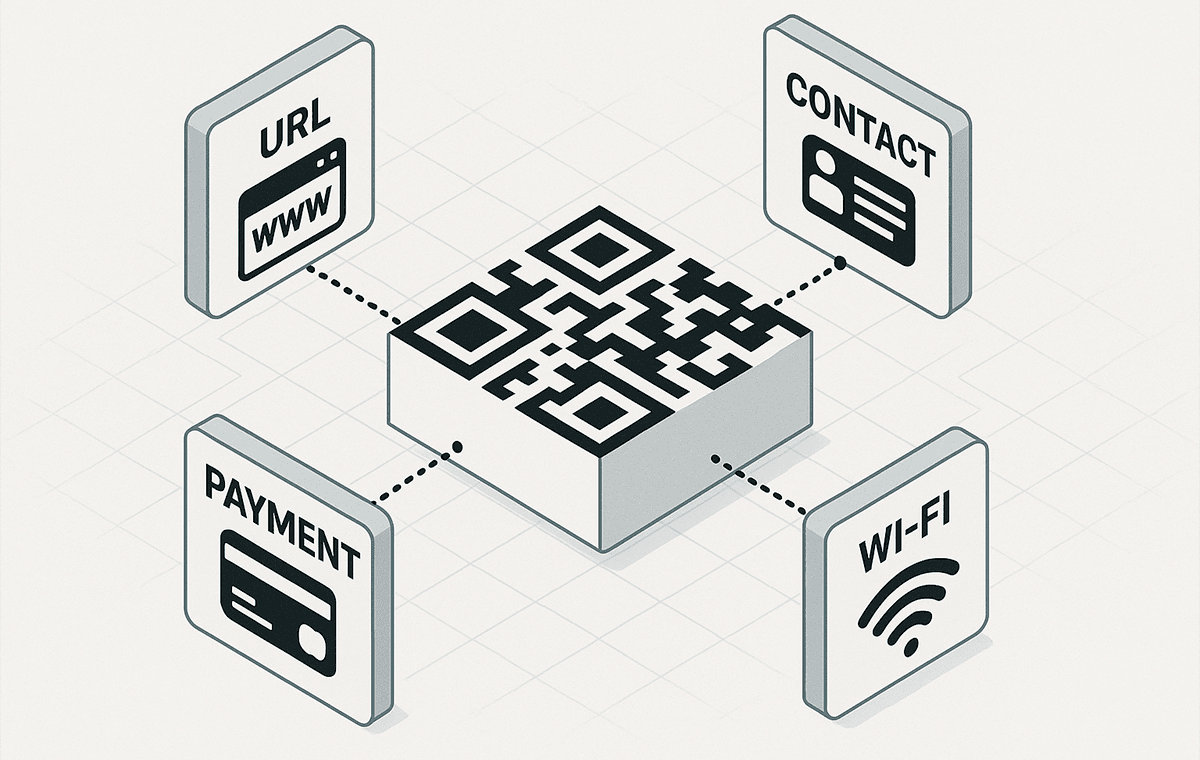Infographic with examples of data types that can be encoded in a QR code