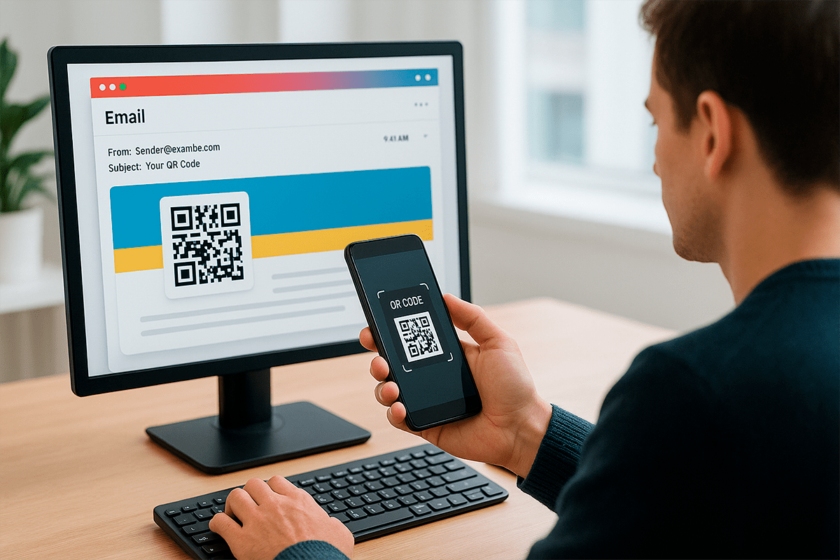 Scanning a QR code from an email on a computer screen with a phone