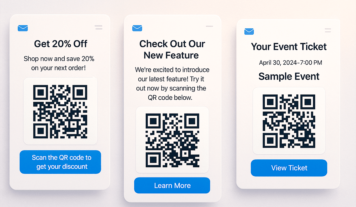 Examples of using QR codes in different types of email campaigns
