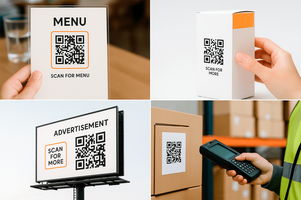 Collage praktischer Anwendungsfälle für QR-Codes in verschiedenen Geschäftsbereichen