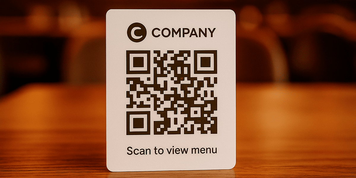 Gebrandeter QR-Code auf einem Restauranttisch mit einer Erklärung zur Verwendung des Scans.