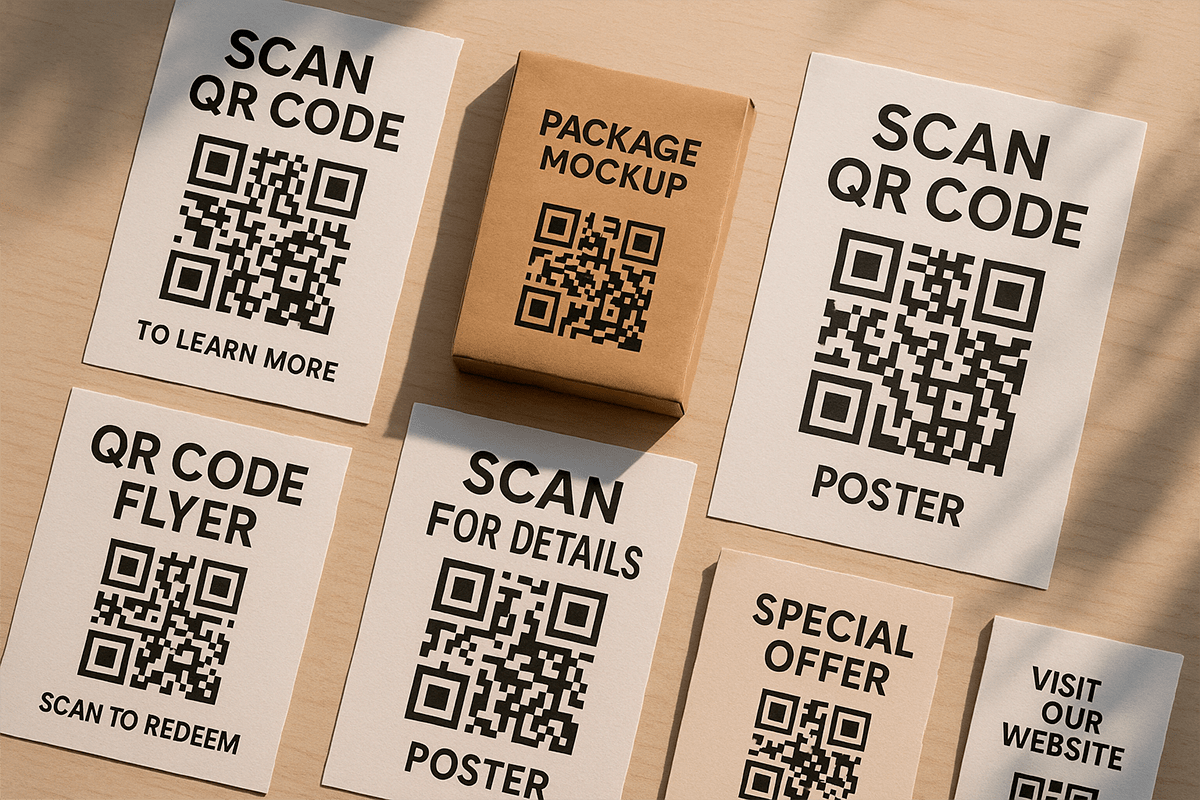 Diversos soportes de marketing con códigos QR: folletos, envases, carteles