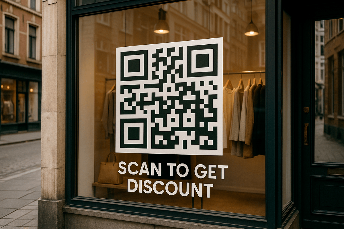 Código QR en una vitrina de tienda con mensaje de descuento