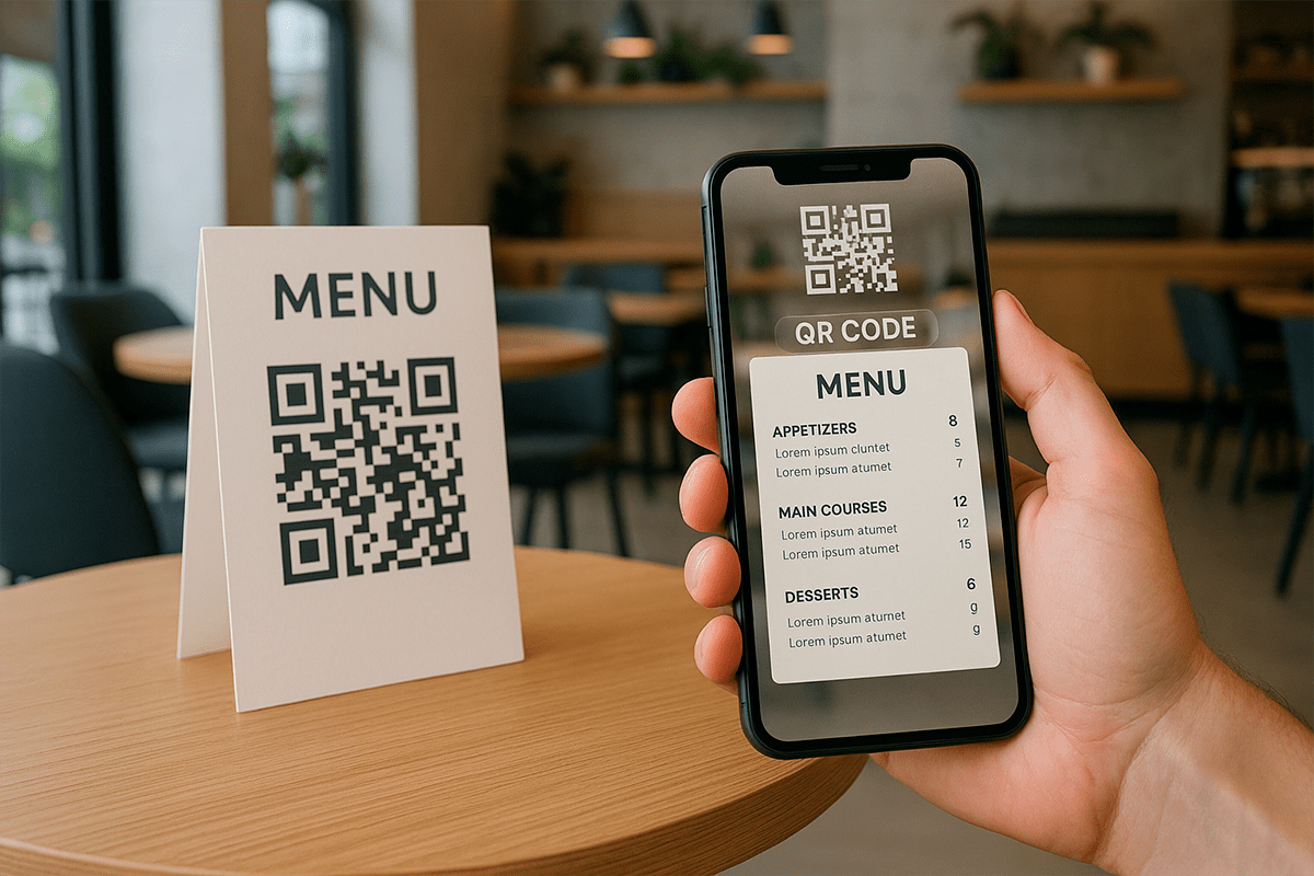Gast scannt QR-Code der Speisekarte in einem Café